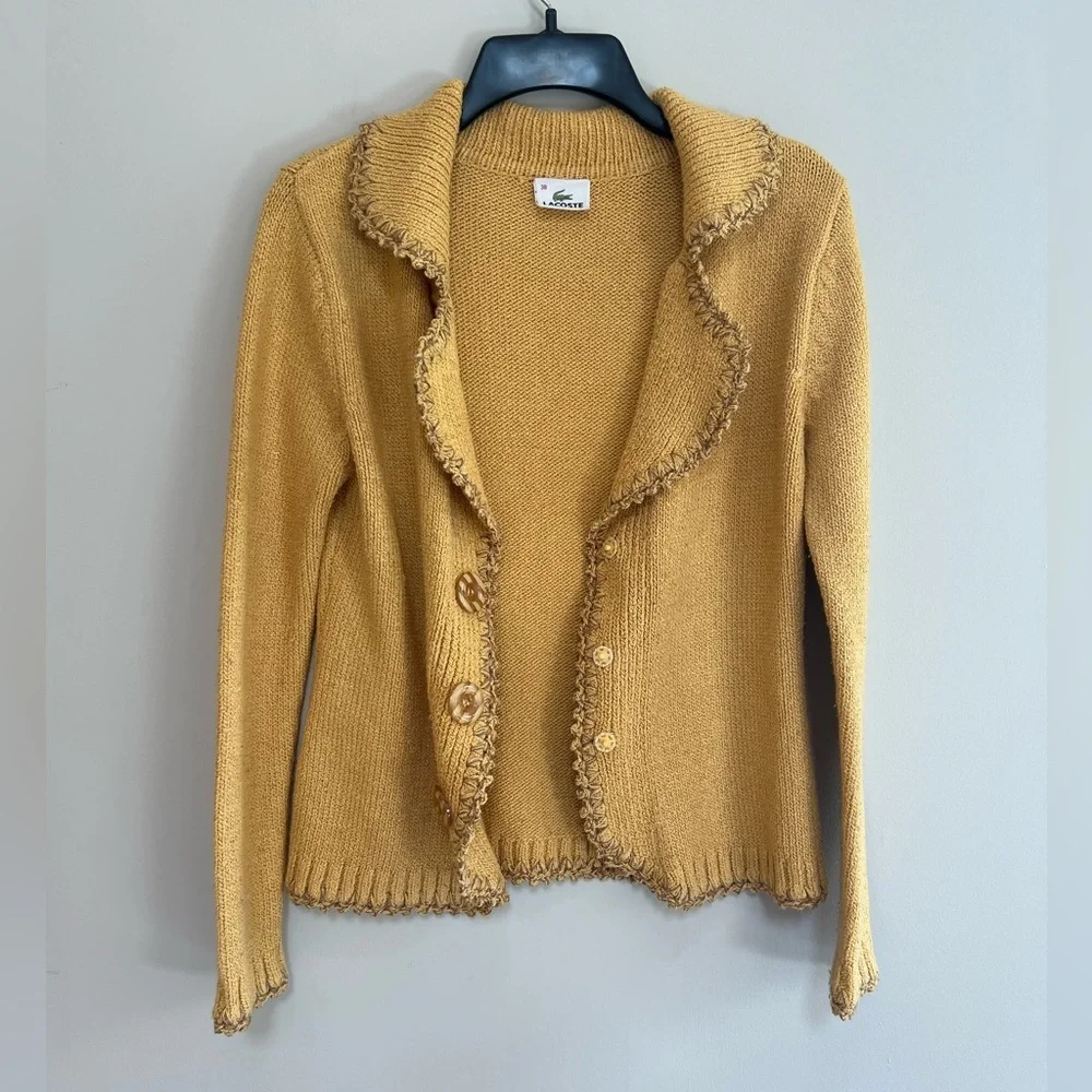 Lacoste Hungarian Fray Fringe Linen Cotton Vintage Cardigan, Mustard Yellow, M - Picture 3 of 9